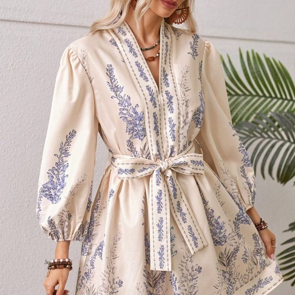 . Dresses & Skirts - Multicolor Boho Women's Women's Lantern Sleeve Belted V-Neck Dress